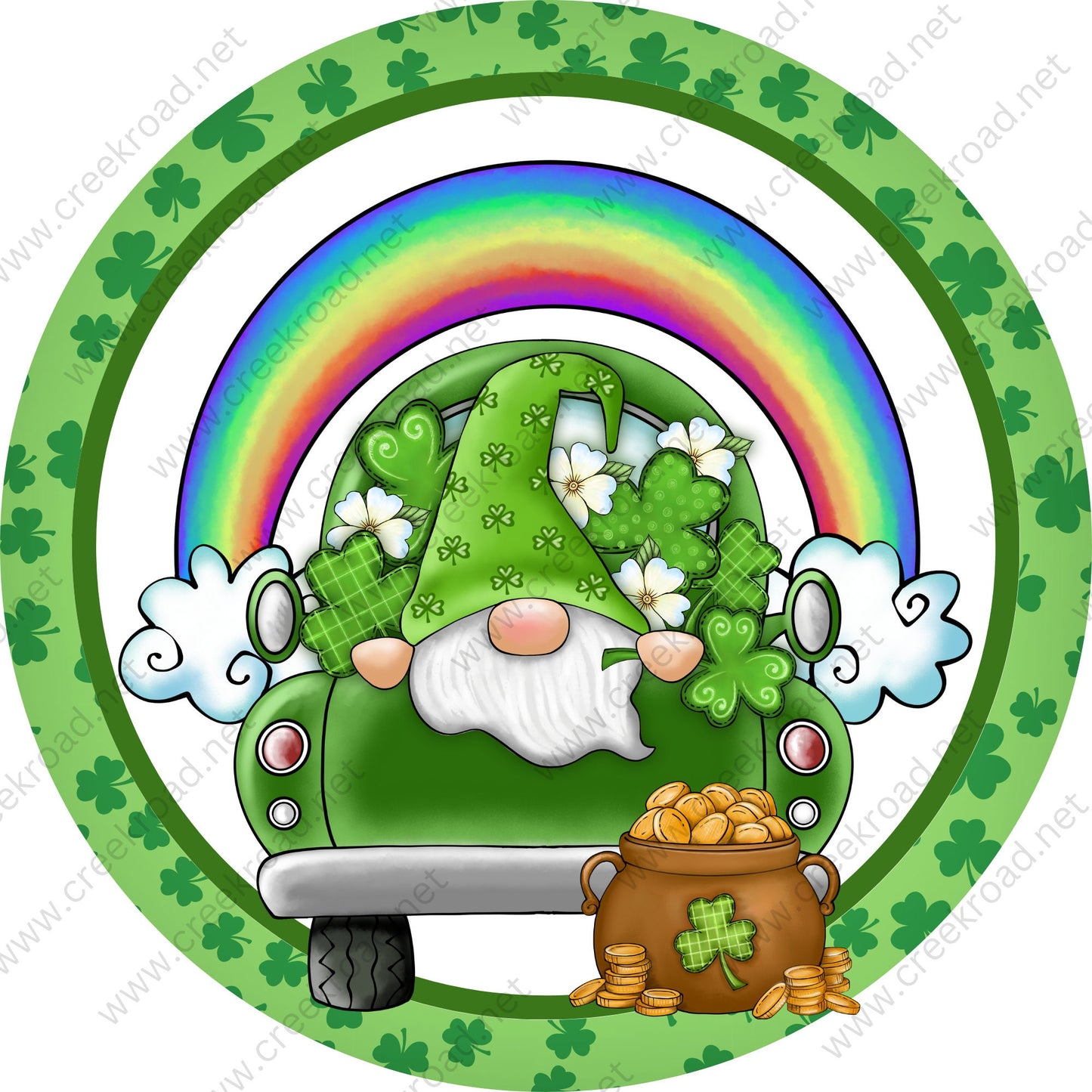 Gnome Truck Pot of Gold with Border Shamrock Wreath Sign -St. Patrick's-Wreath Sign - Sublimation Sign - Wreath Attachment