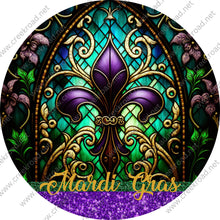 Load image into Gallery viewer, Mardi Gras Purple Fleur De Lis with Glitter Accents Faux Stained Glass Wreath Sign-Purple, Green, and Gold-Metal-Sublimation-Deocr-Aluminum
