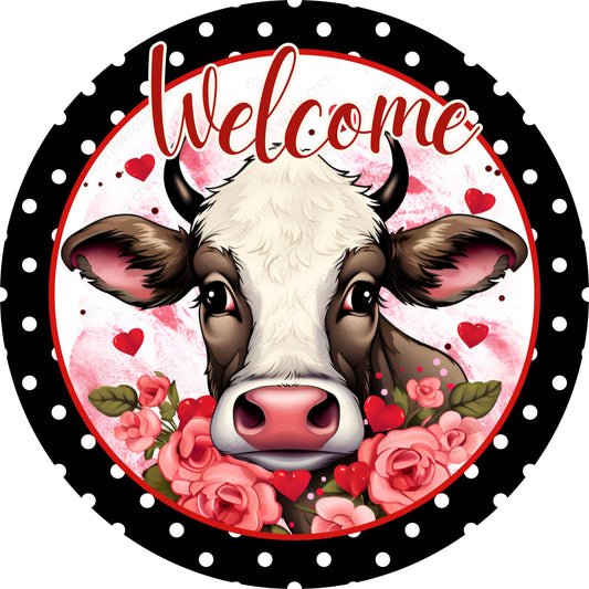 Welcome Valentines Cow Hearts Polka Dot Border Wreath Sign-Aluminum-Decor