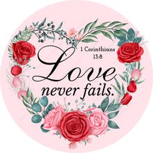 Load image into Gallery viewer, 1 Corinthians 13:8 Love Never Fails Wreath Sign-Valentine-Heart-Decor
