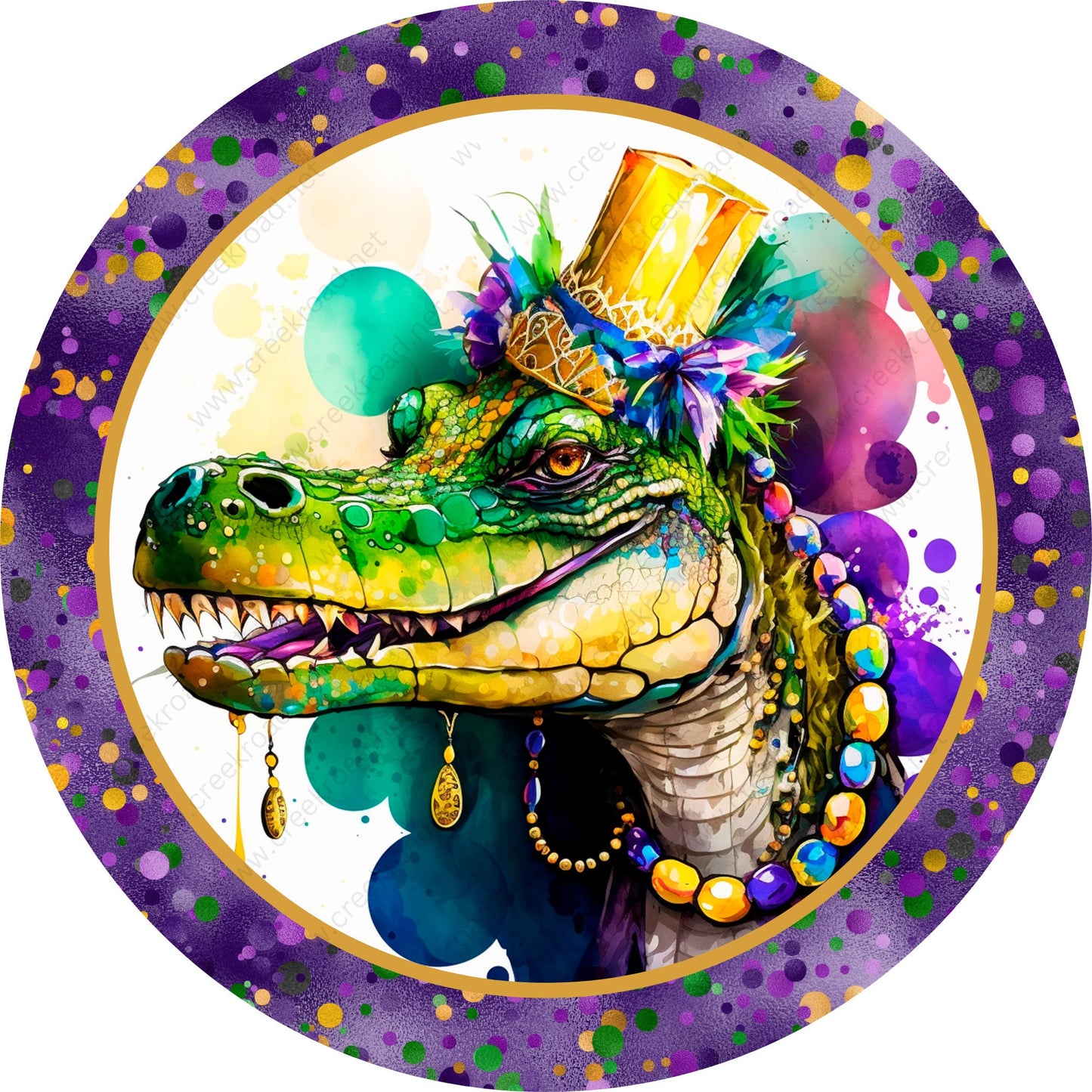 Mardi Gras Party Gator Wreath Sign-Purple, Green, and Gold-Metal-Sublimation-Deocr-Aluminum