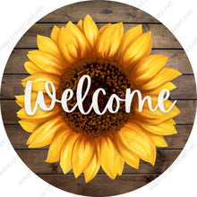Load image into Gallery viewer, Welcome Sunflower with Brown Shiplap Background Wreath Sign-Yellow Brown-Sublimation-Everyday-Spring-Metal Sign
