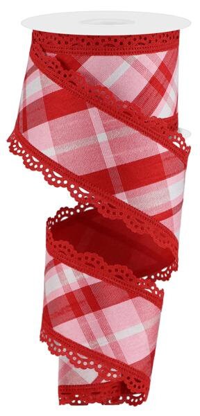 2.5" X 10Yd Wired Ribbon-Diagonal Plaid/Fused Back/Lace-RGX0059DM-Wreaths-Crafts-Decor-Valentines