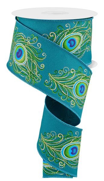 2.5" X 10Yd Wired Ribbon-Peacock Feather-Dk Teal/Grn/Blue/Gold-RGF108034-Wreaths-Crafts-Decor-Seasonal