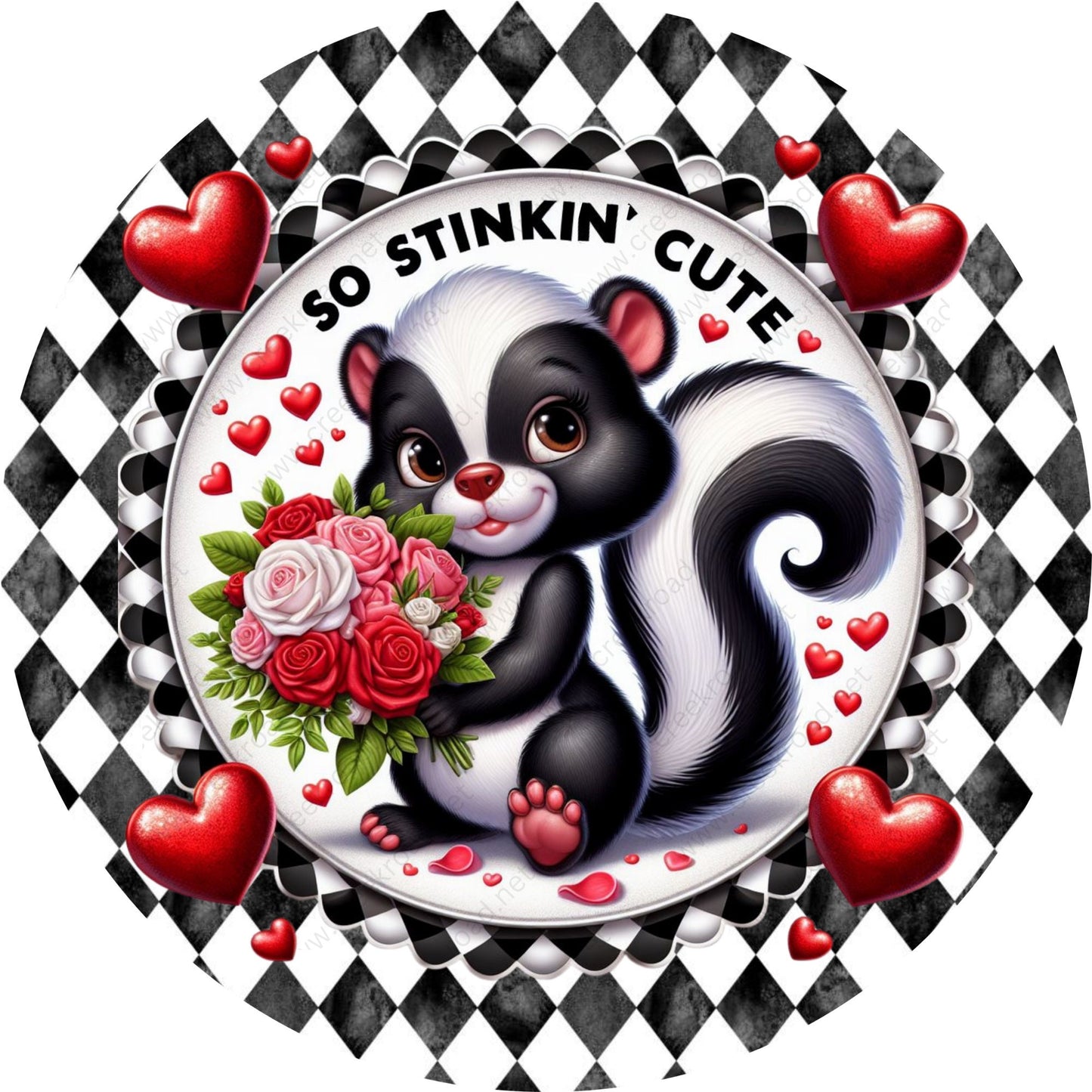 So Stinkin Cute Skunk with Roses Red Hearts Wreath Sign-Aluminum-Valentines-Decor