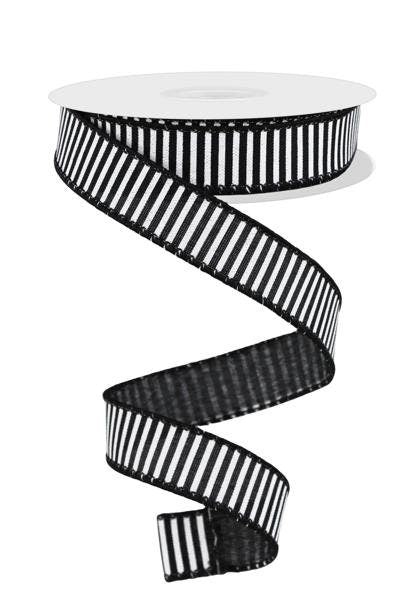 7/8" X 10Yd Wired Ribbon-Black/White Horizontal Stripes/Royal-RG778002-Wreaths-Crafts-Ribbon-Everyday