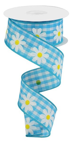 1.5" X 10Yd Wired-Daisy On Woven Gingham-RGC1310DC-Lt Blue/Wht/Yellow-Wreaths-Crafts-Decor