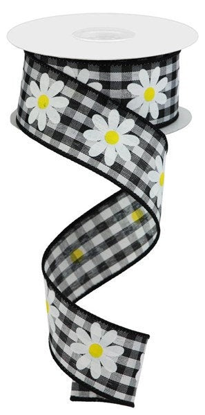 1.5" X 10Yd Wired-Daisy On Woven Gingham-RGC1310X6-Yellow/Black/White-Wreaths-Crafts-Decor