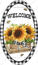 Load image into Gallery viewer, Welcome Sunflowers in Planter Box Bumble Bees on Black White Gingham Border Wreath Sign-7.00&quot;x 12.00&quot; Oval Sublimation-Spring-Aluminum-Decor
