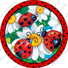 Load image into Gallery viewer, 3 Lady Bugs meeting on a Daisy Flower with Red Black Polka Dot Border Wreath Sign-Sublimation-Spring-Metal Sign
