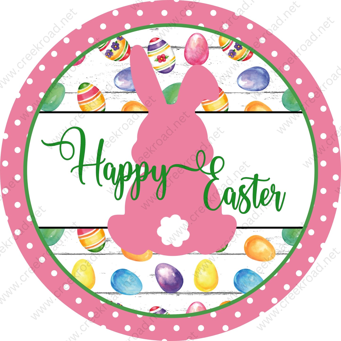 Happy Easter Bunny Pink with Cottontail with Colorful Easter Eggs Pink Border- Easter-Sublimation-Wreath Sign-Attachment