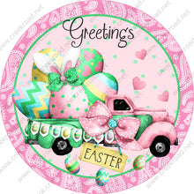 Load image into Gallery viewer, Greetings Pink Green Truckload of Easter Eggs Easter Sign with Pink Paisley-Easter-Sublimation-Wreath Sign-Attachment

