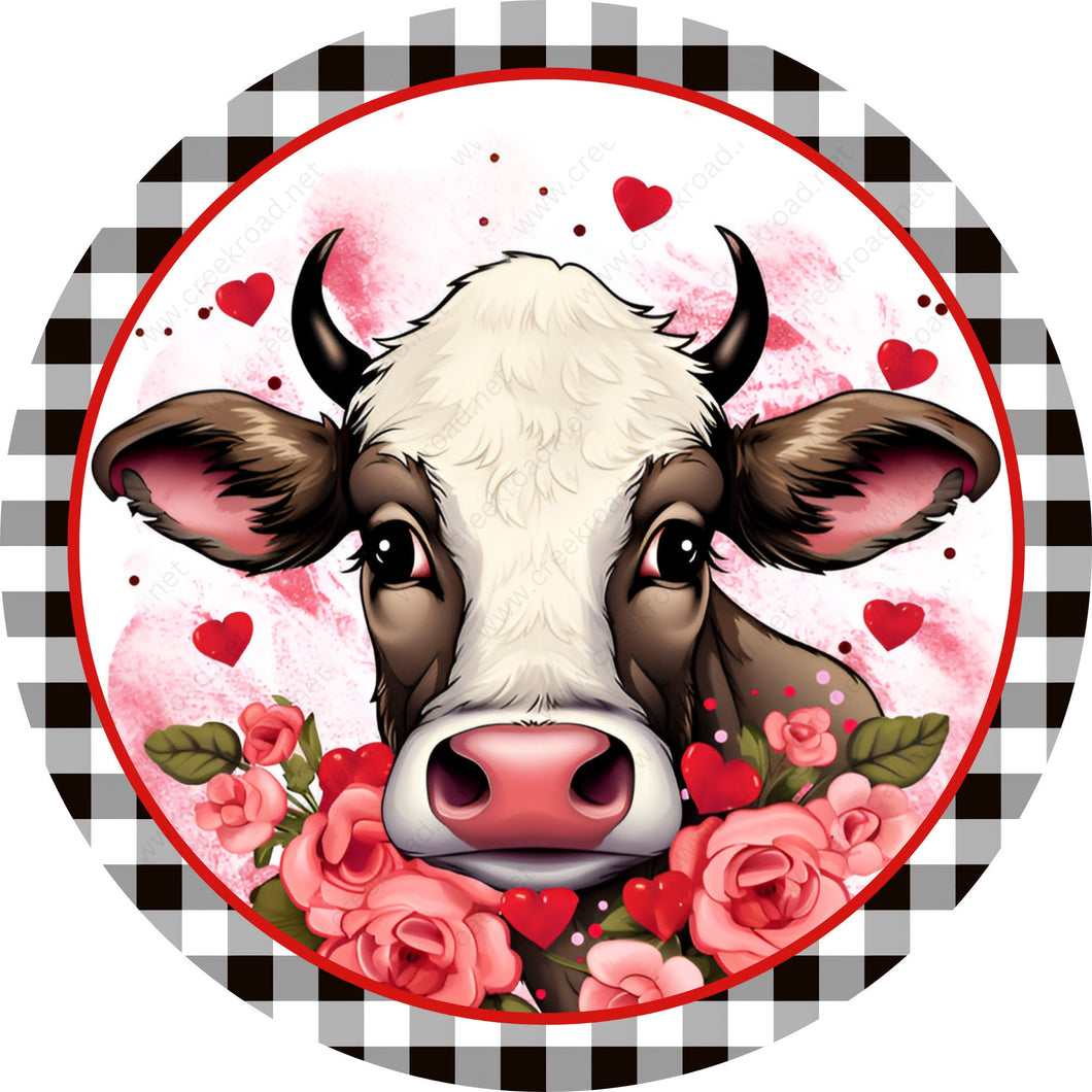 Happy Valentine Cow Roses with Checkered Border Wreath Sign-Aluminum-Valentines-Decor