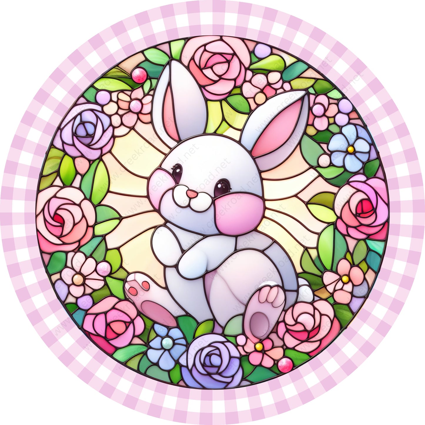 Easter Bunny Pink Lavender Roses Checkered Border Wreath Sign-Sublimation-Easter-Attachment-Decor-Easter