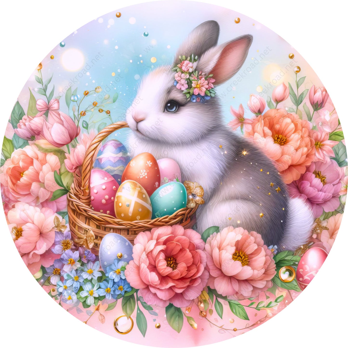 Easter Bunny Holding Basket of Eggs Wreath Sign-Sublimation-Easter-Attachment-Decor-Easter