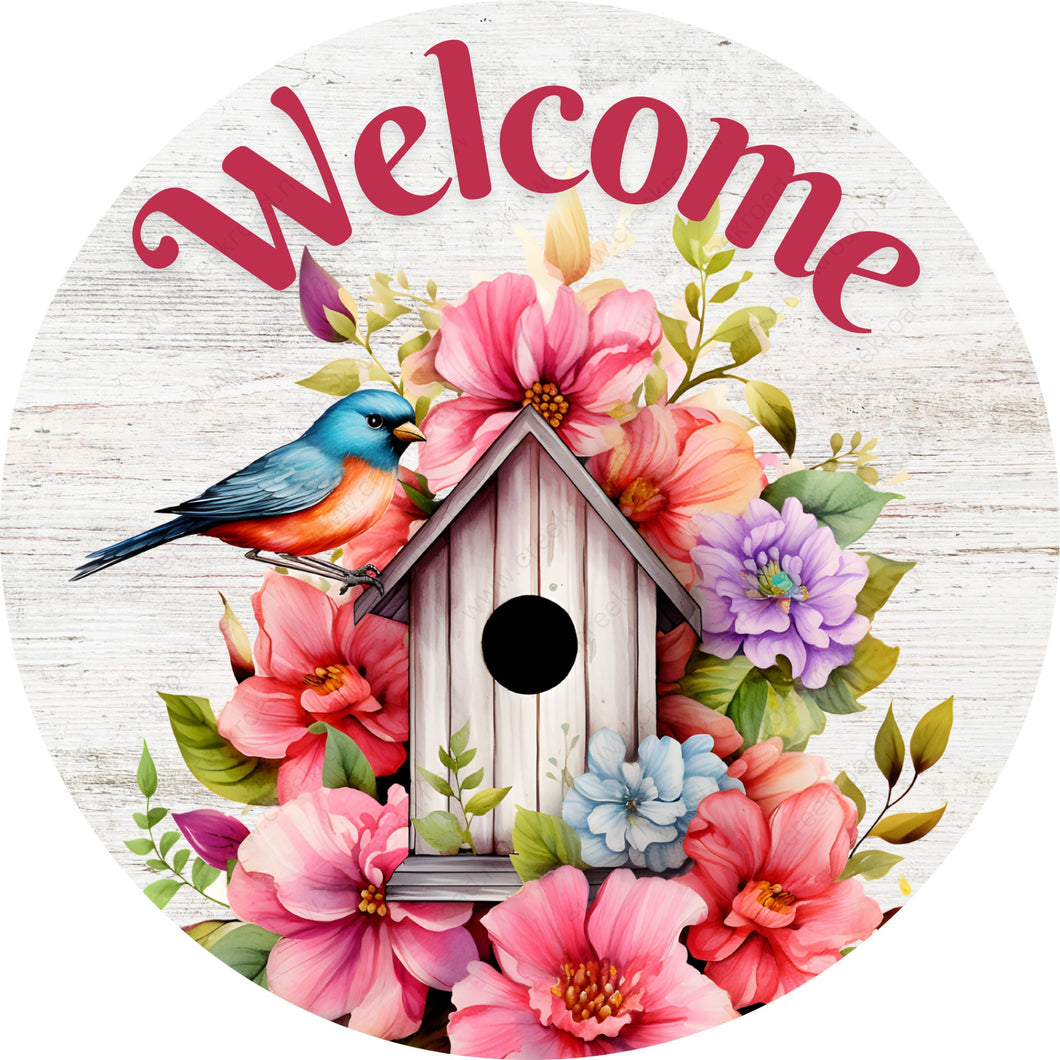 Welcome Spring Birdhouse Florals Wreath Sign-Sublimation-Spring-Attachment-Decor-
