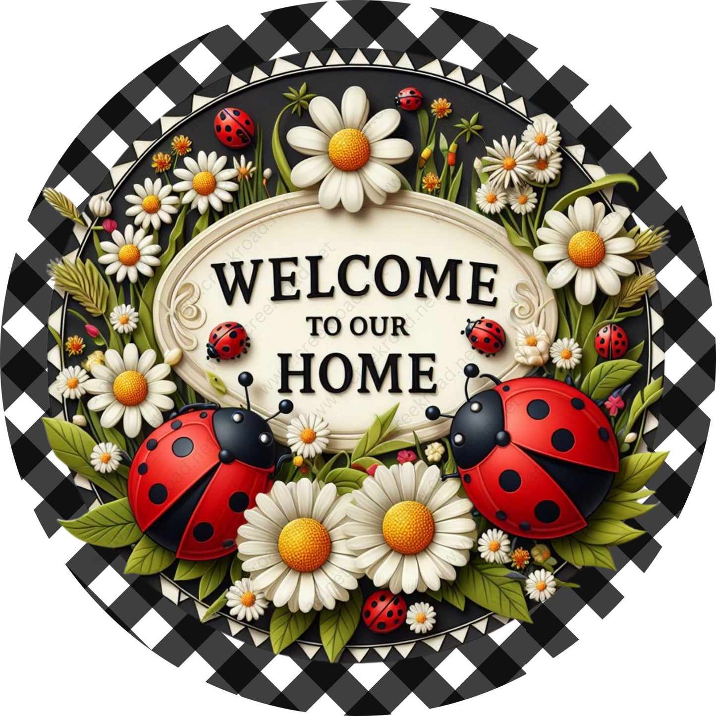 Welcome to our Home Lady Bug Checkered Border Wreath Sign-Sublimation-Spring-Attachment-Decor-