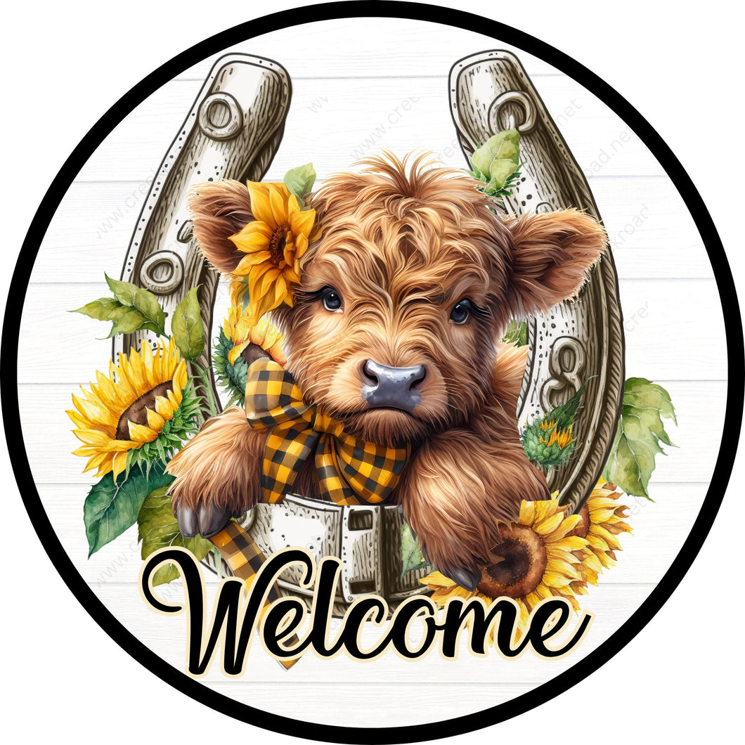 Welcome Spring Highland in Lucky Horseshoe Wreath Sign Attachment-Sublimation-Round-Summer Decor