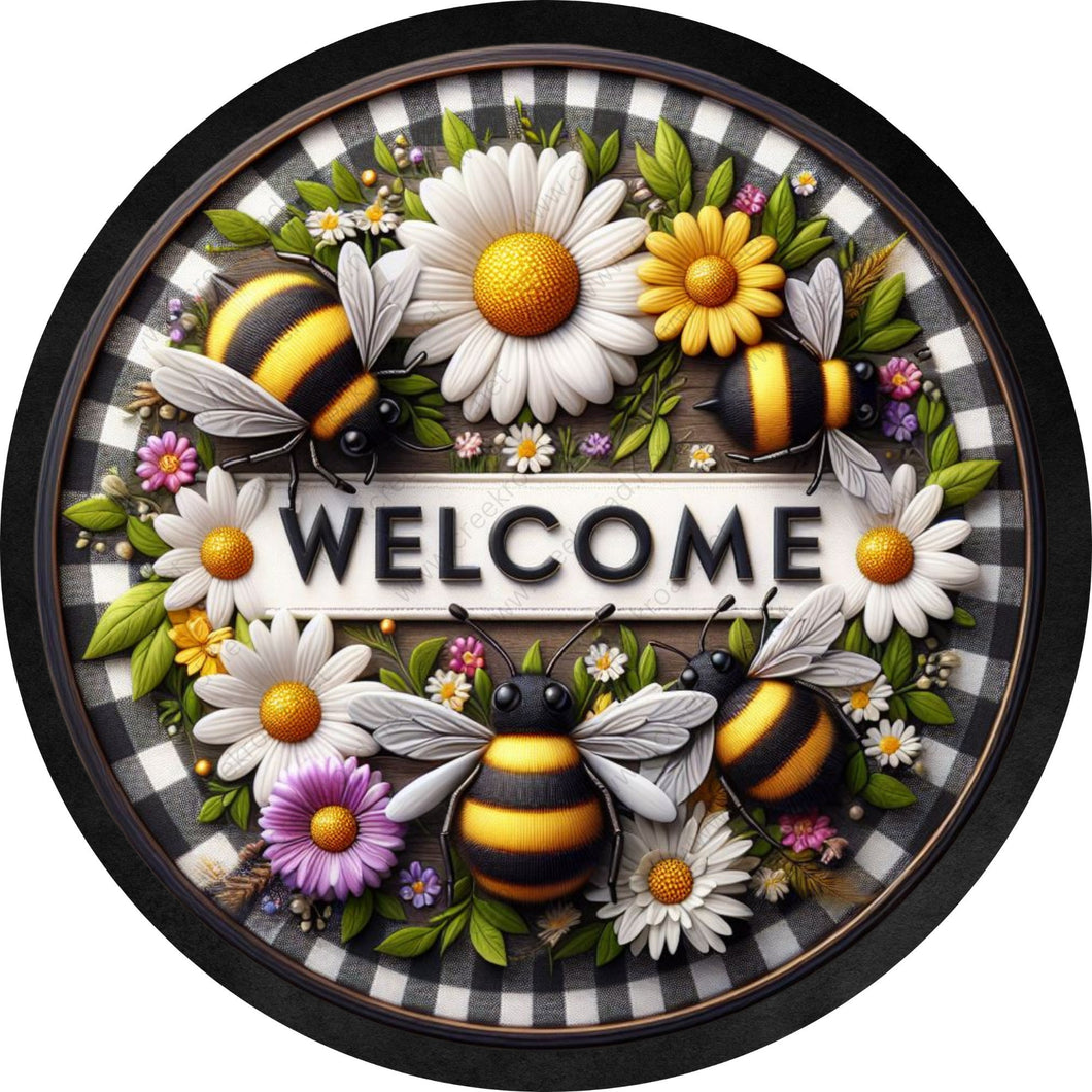 Welcome Bee Daisy Wreath Sign-Round-Sublimation-Spring-Decor
