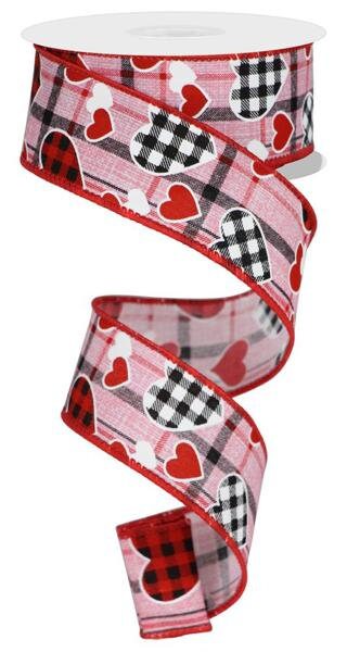 1.5" X 10Yd Wired Ribbon-Check Heart/Mini Heart/Plaid-RGE107622-Wreaths-Crafts-Decor-Valentines