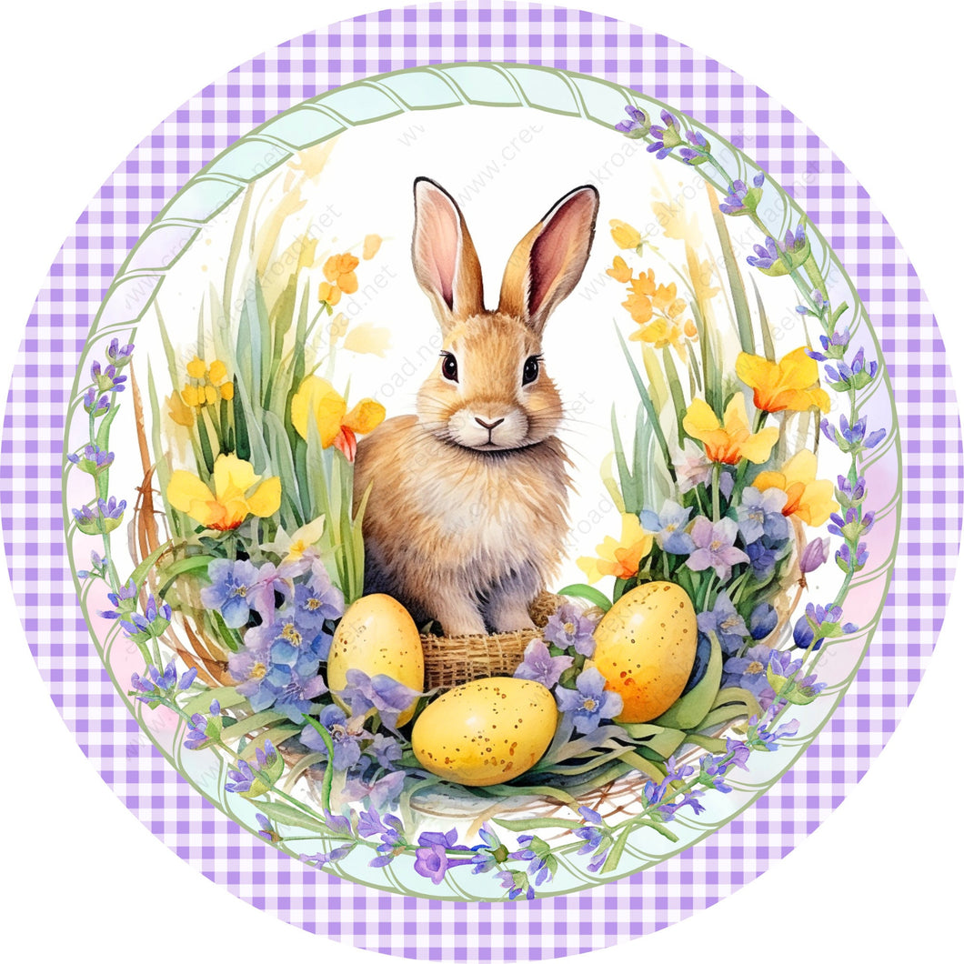 Bunny With Yellow Eggs Lavender Checkered Border Wreath Sign-Sublimation-Easter-Attachment-Decor