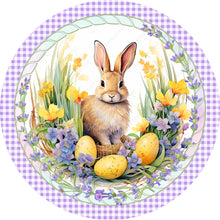 Load image into Gallery viewer, Bunny With Yellow Eggs Lavender Checkered Border Wreath Sign-Sublimation-Easter-Attachment-Decor
