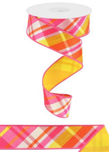 Load image into Gallery viewer, 1.5&quot; X 10Yd Wired Ribbon-Diagonal Plaid/Pg Fused Back-Ht Pnk/Orng/Yllw-RGX005092-Wreaths-Crafts-Decor-Seasonal
