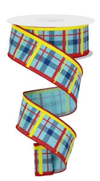 1.5" X 10Yd Wired Ribbon-Printed Plaid/Royal-Blue/Red/Yellow-RGC1540W5-Wreaths-Crafts-Decor-Seasonal