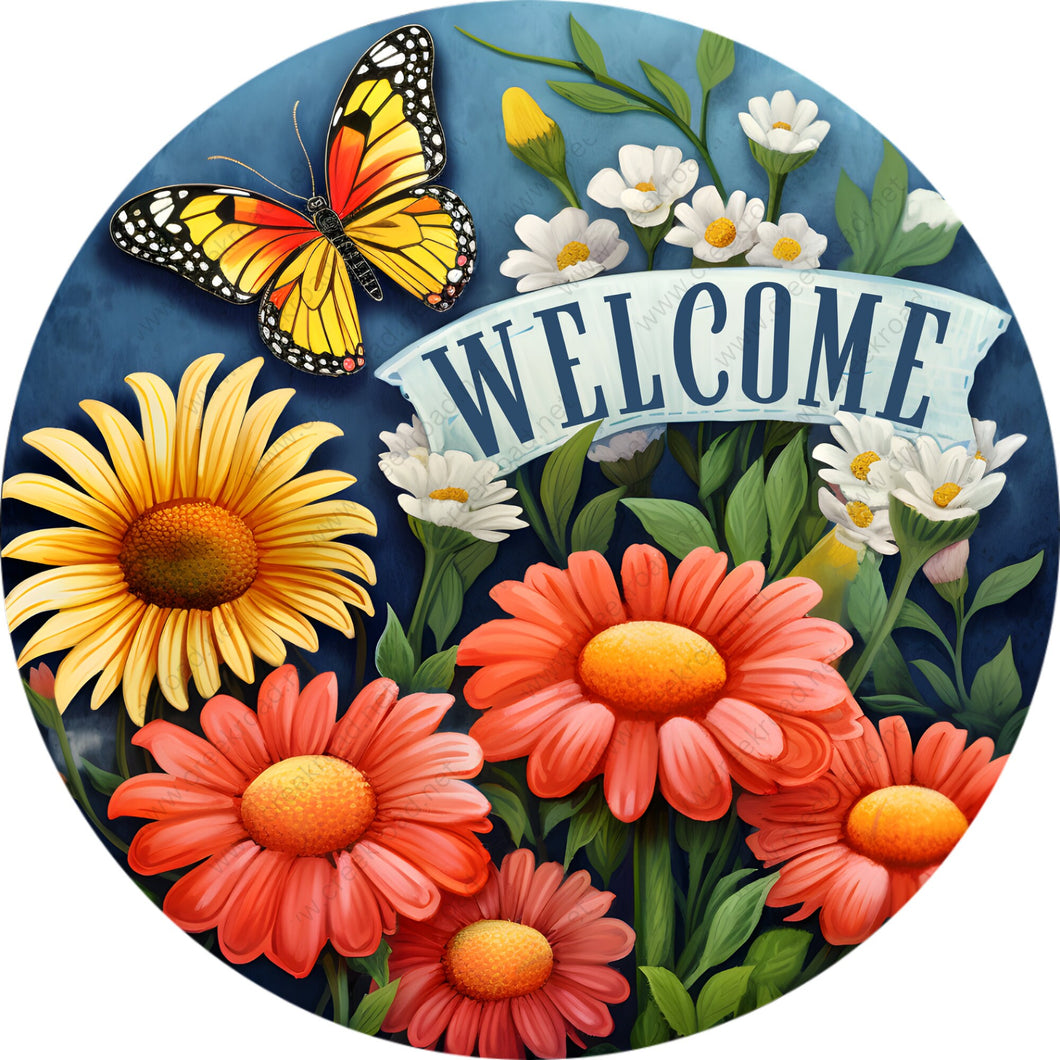 Welcome Spring Flowers Butterfly Wreath Sign-Round-Sublimation-Spring-Decor