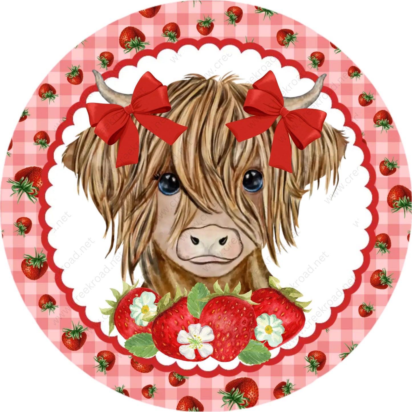 Red Strawberry Highland Cow Wreath Sign-Round-Sublimation-Spring-Decor