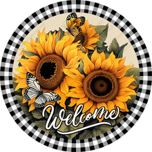 Load image into Gallery viewer, Welcome Spring Sunflowers Butterfly Checkered Border Wreath Sign-Round-Sublimation-Spring-Decor
