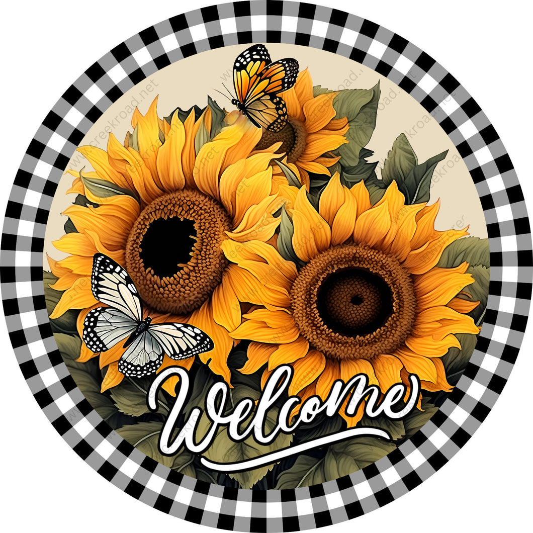 Welcome Spring Sunflowers Butterfly Checkered Border Wreath Sign-Round-Sublimation-Spring-Decor