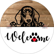Load image into Gallery viewer, Welcome Dachshund Red Heart in Paw Brown Shiplap Wreath Sign-Everyday-Pet-Dog-Decor
