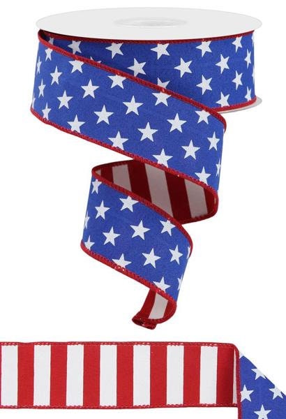 1.5" X 10Yd Wired Ribbon-Stars/Stripes Fused Back-RGX005625-Red/White/Royal Blue-Supplies-Crafts-Patriotic