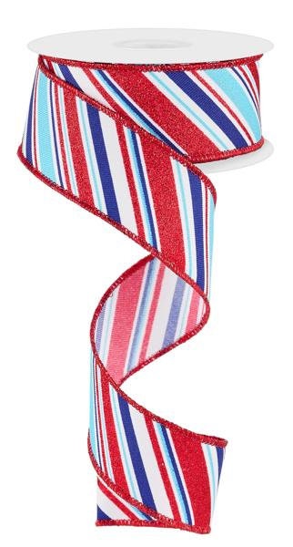 1.5" X 10Yd Wired Ribbon-Diagonal Stripe-RGE1824KY-White/Lt Blue/Royal/Red-Supplies-Crafts-Seasonal