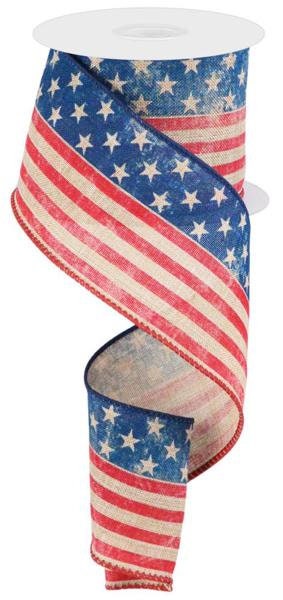 2.5" X 10Yd Wired Ribbon-Stars And Stripes/Royal-RG1916A7-Tan/Red/Blue-Supplies-Crafts-Patriotic-Seasonal