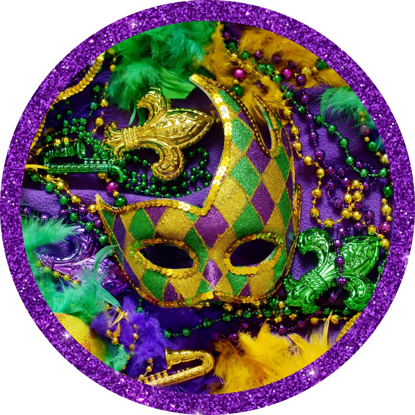 Mardi Gras Mask Beads Purple Glitter Border Wreath Sign-Sublimation-Deocr-Aluminum