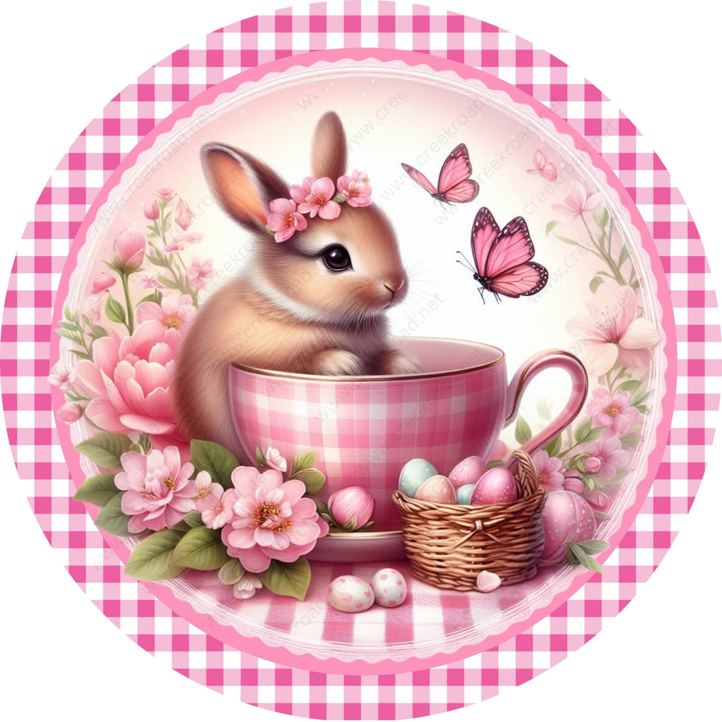 Easter Bunny In Teacup Pink Butterfly Wreath Sign-Sublimation-Easter-Attachment-Decor-Easter