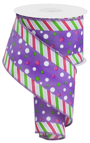 2.5" X 10Yd Wired-Purple Multi Polka Dot/Multi Stripe-RGE107823-Wreaths-Crafts-Decor