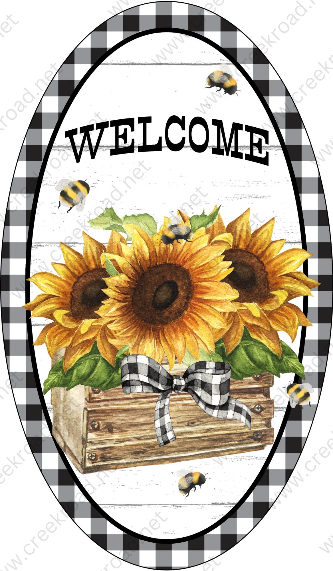 Welcome Sunflowers in Planter Box Bumble Bees on Black White Gingham Border Wreath Sign-7.00"x 12.00" Oval Sublimation-Spring-Aluminum-Decor