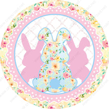 Load image into Gallery viewer, Easter Bunny Silhouettes with Pink Floral Border White Polka Dots-Blank-Easter-Sublimation-Wreath Sign-Attachment-Decor
