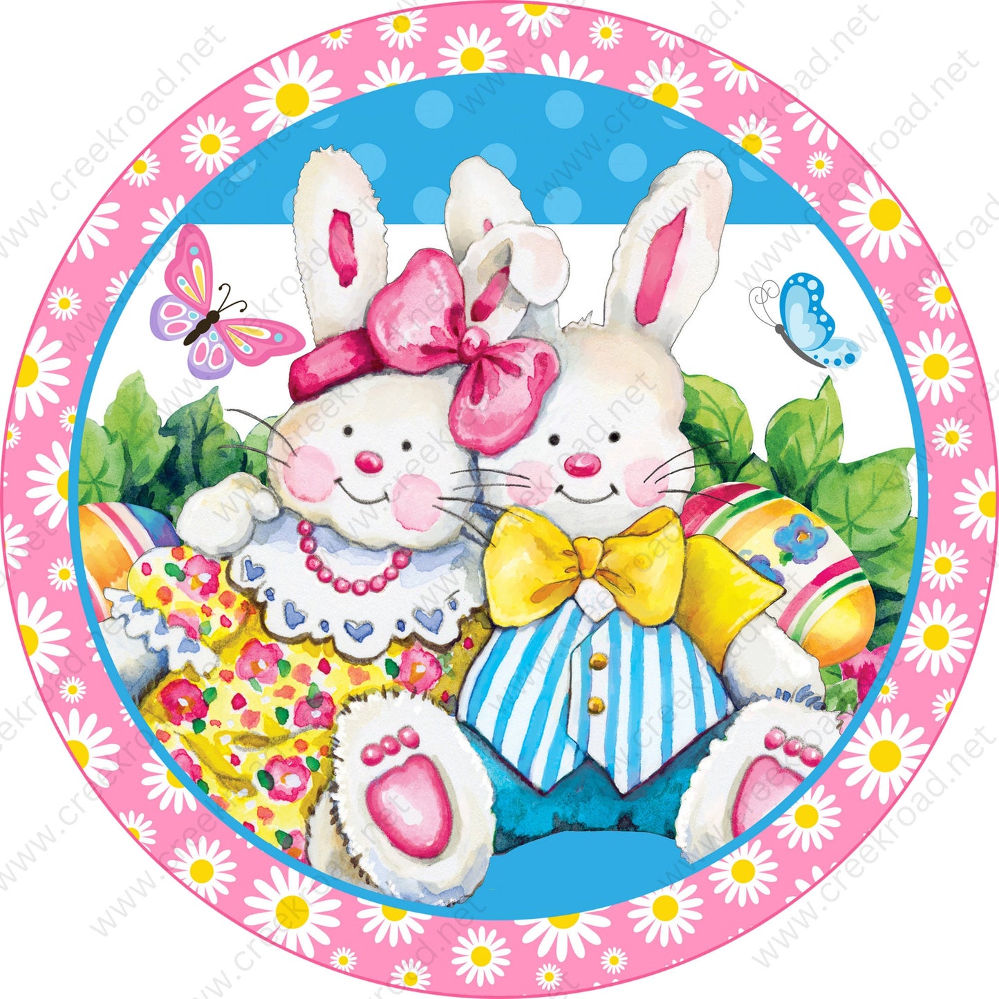 Easter Bunnies in the Carrot Patch Butterflies Easter Eggs with Pink Daisy Border-Sublimation-Wreath Sign-Attachment