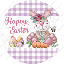 Load image into Gallery viewer, Happy Easter Bunny with Eggs Carrot on Purple White Gingham Shiplap Background-Easter-Decor-Sublimation-Wreath Sign-Attachment-Spring
