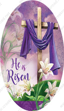 Load image into Gallery viewer, He Is Risen Cross of Christ Easter Lily Sign -Oval 7&quot; x 12&quot; - Sublimation - Wreath Sign - Metal Sign
