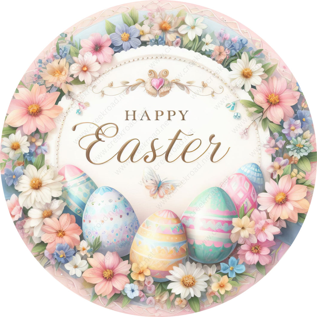 Happy Easter Flowers Eggs Pastels Wreath Sign-Sublimation-Easter-Attachment-Decor-Easter