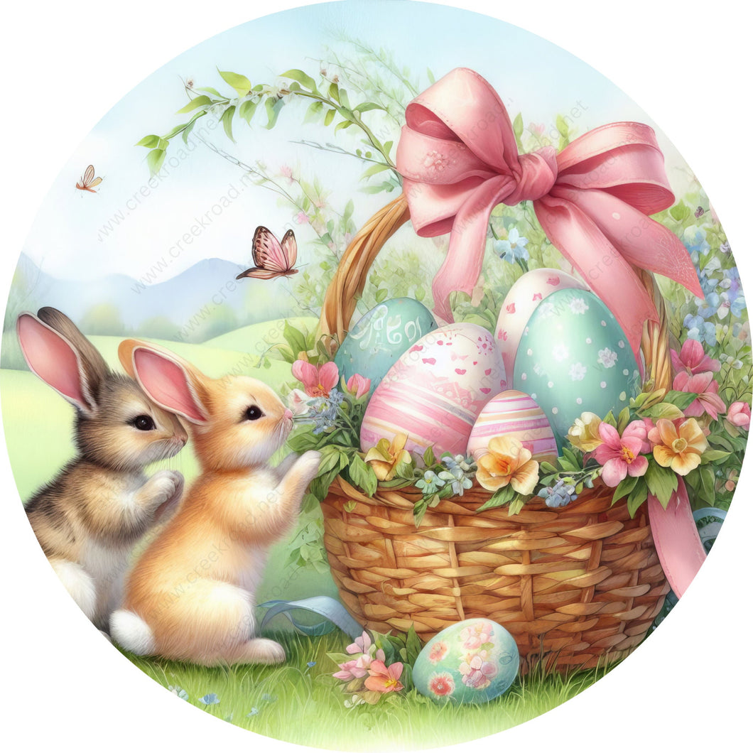 Easter Bunny Basket Pastel Eggs Pink Bow Wreath Sign-Sublimation-Attachment-Decor