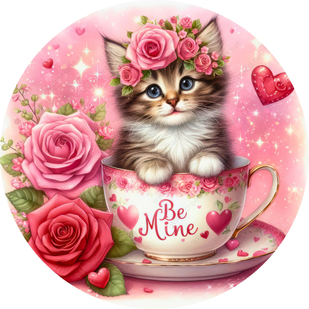 Be Mine Tea Cup Kitten Pink Red Roses Wreath Sign-Aluminum-Valentines-Decor