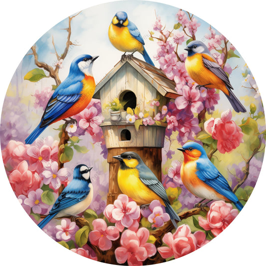 Spring Birds Around the Birdhouse Wreath Sign-Round-Sublimation-Spring-Decor