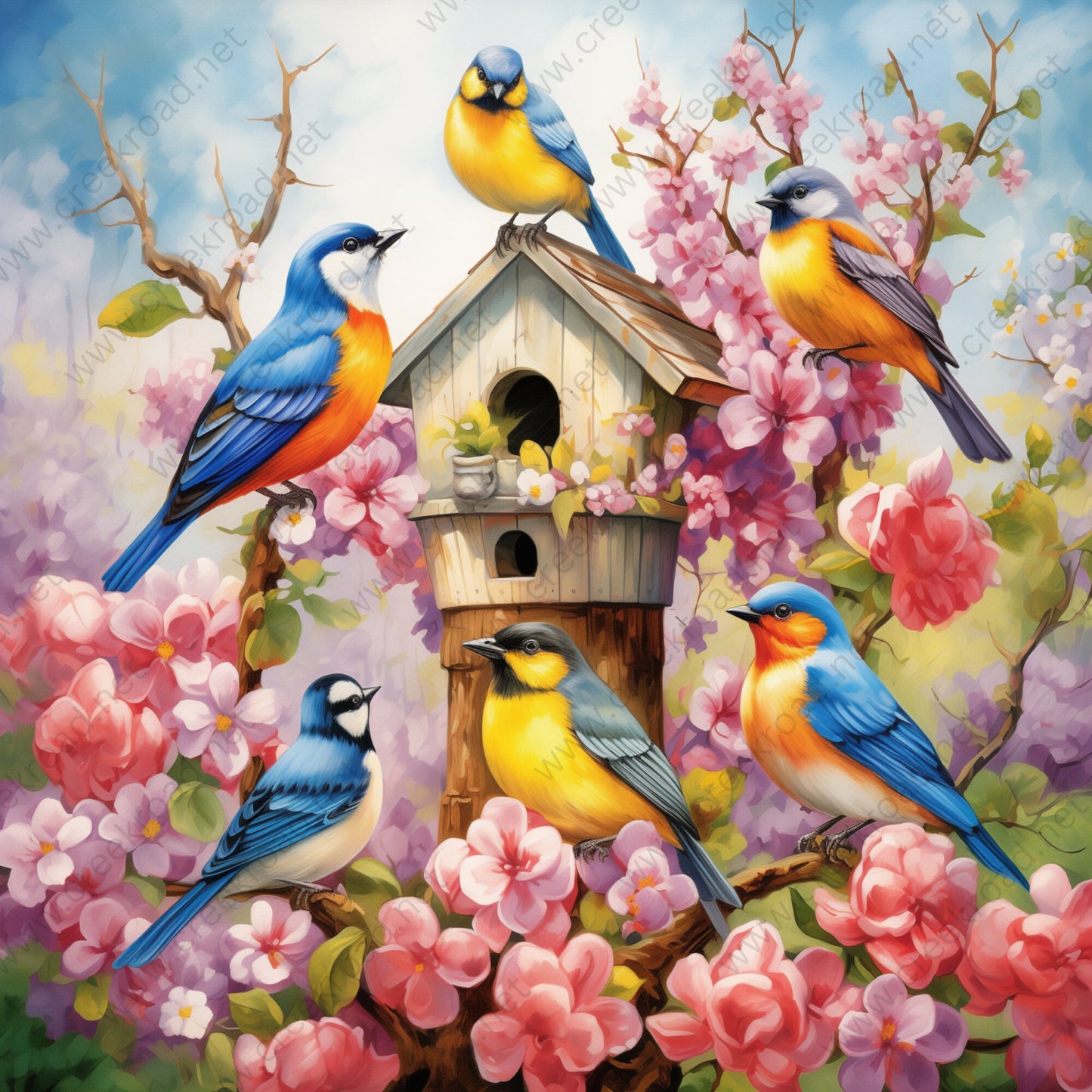 Spring Birds Around the Birdhouse Wreath Sign 10"x10" Square-Sublimation-Spring-Decor