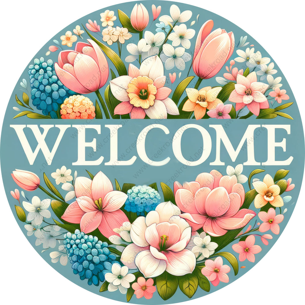 Welcome Spring Bouquet of Flowers Wreath Sign-Round-Sublimation-Spring-Decor